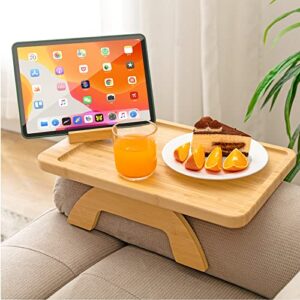 sinwant bamboo sofa tray table clip on side table for wide couches arm, foldable couch tray with 360° rotating phone holder, armrest table for eating/drinks/snacks/remote/control