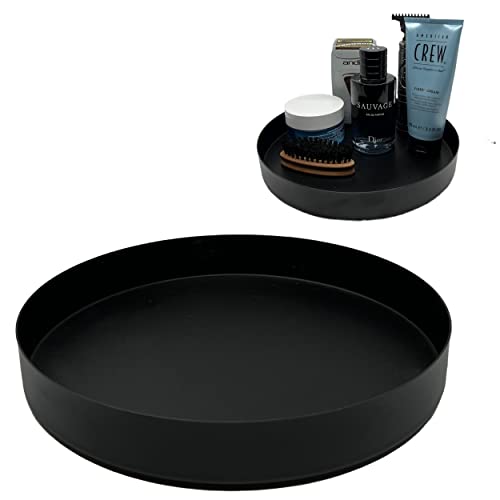 Wick Works | 8.5 inch Stainless Steel Decorative Round Tray | Metal Plate for Home Décor and Candles | Jewelry Dish Makeup Organizer | Platter Candleholder Perfume Flowers Table Centerpiece (Black)