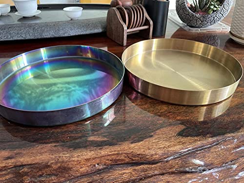 Wick Works | 8.5 inch Stainless Steel Decorative Round Tray | Metal Plate for Home Décor and Candles | Jewelry Dish Makeup Organizer | Platter Candleholder Perfume Flowers Table Centerpiece (Black)