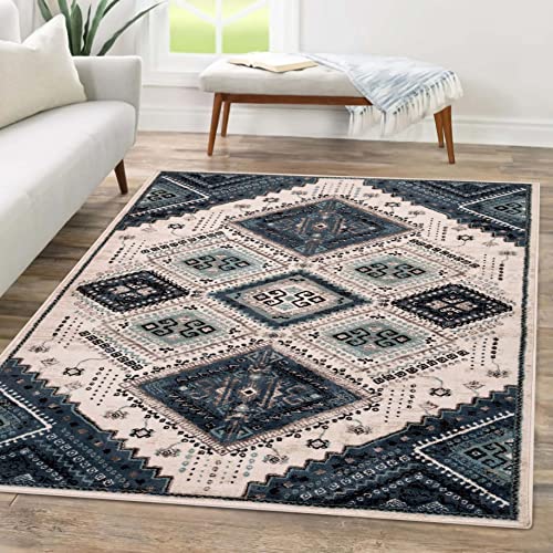 SUPERIOR Poway Collection Indoor Large Area Rug, Geometric Diamonds, Home Decor Perfect for Dining Room, Living, Bedroom, Entryway, Kitchen, Dorm, Office, Jute Backing, 5' x 8', White-Navy