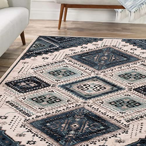 SUPERIOR Poway Collection Indoor Large Area Rug, Geometric Diamonds, Home Decor Perfect for Dining Room, Living, Bedroom, Entryway, Kitchen, Dorm, Office, Jute Backing, 5' x 8', White-Navy