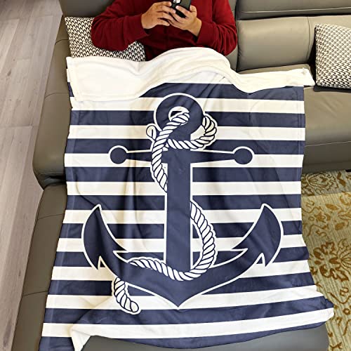 YISUMEI Navy Stripes Blanket Nautical Theme Anchor Throw Blanket Warm and Cosy for Bed Couch Office 60x80 Inches