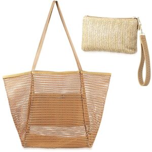 mesh beach tote bohemian summer shoulder handbag and zipper wristlet woven straw clutch bag beach straw purse for women girls