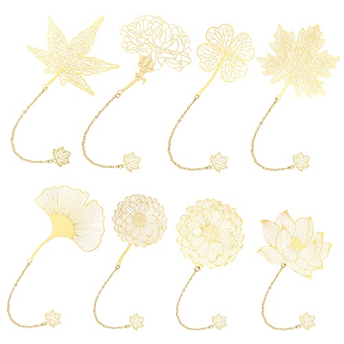 8 Pack Metal Bookmark with Chain, Exquisite Hollow Leaf Bookmark Unique Bookmarks Vintage Including Ginkgo Carnation Lotus Maple Leaf for Book Lovers, Writers, Children, Adults (Gold, 8 Designs)