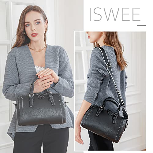 Iswee Genuine Leather Top Handle Satchel Shoulder Bag Women Designer Handbags Cross body Bags for Ladies (Black)