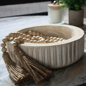 fj designs decorative bowl set – farmhouse wooden bowl, beads garland | neutral home decor | coffee table centerpiece | key bowl for entryway | boho | rustic