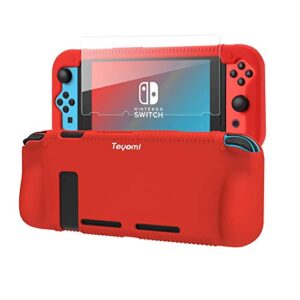 teyomi protective silicone case for nintendo switch, grip cover with tempered glass screen protector, 2 storage slots for game cards, shock-absorption & anti-scratch (red)