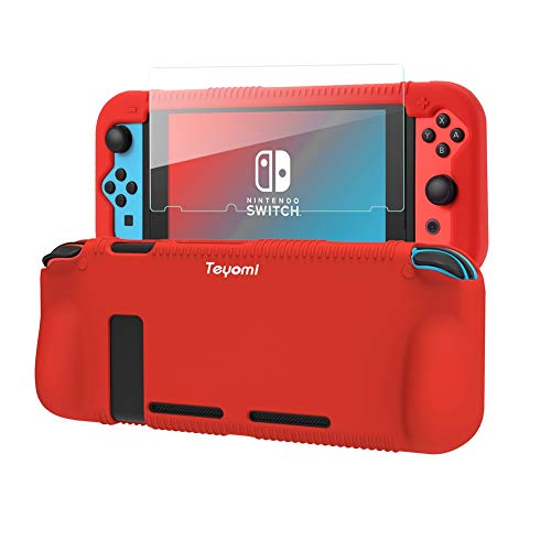 Teyomi Protective Silicone Case for Nintendo Switch, Grip Cover with Tempered Glass Screen Protector, 2 Storage Slots for Game Cards, Shock-Absorption & Anti-Scratch (Red)