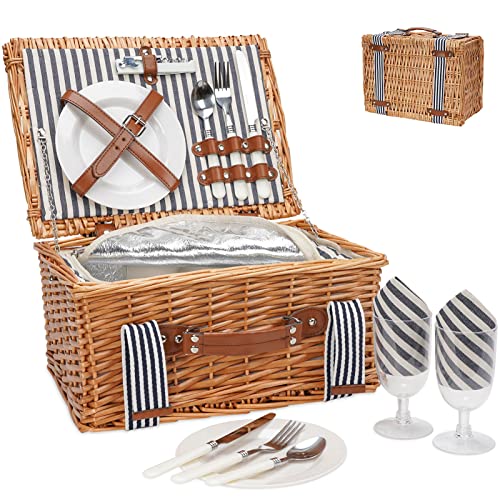 Picnic Basket for 2 Persons,Handmade Wicker Picnic Baskets Set with Insulated Cooler & Cutlery Kit, Gift Basket for Couples,Valentine Day, Thanks Giving, Birthday, Wedding, Outdoor Party