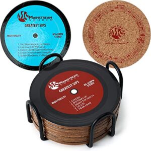 mainstream source retro album-themed cork coaster set – genuine cork coasters for drinks w/ solid steel rack holder, heat, water, and slip resistant, coasters for coffee table & home decor (set of 8)