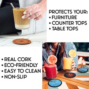 Mainstream Source Retro Album-Themed Cork Coaster Set – Genuine Cork Coasters for Drinks w/ Solid Steel Rack Holder, Heat, Water, and Slip Resistant, Coasters for Coffee Table & Home Decor (Set of 8)