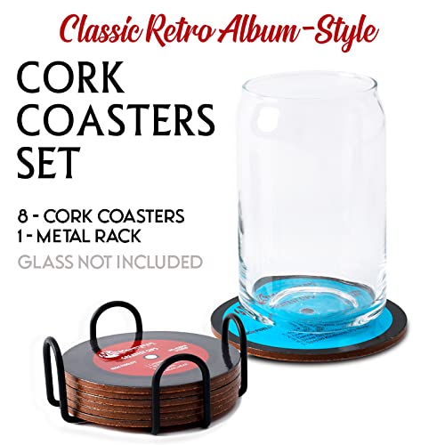 Mainstream Source Retro Album-Themed Cork Coaster Set – Genuine Cork Coasters for Drinks w/ Solid Steel Rack Holder, Heat, Water, and Slip Resistant, Coasters for Coffee Table & Home Decor (Set of 8)