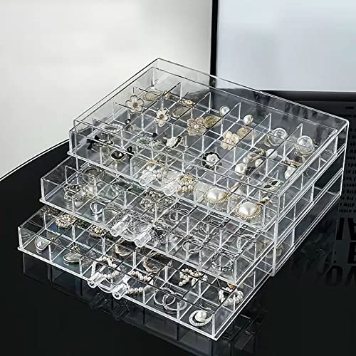 CLUQMEIK Earring Organizer Box Clear Storage Acrylic for Earrings Necklace Organizer Jewelry Box with 72 Grids Storage Compartments Transparent Ring Clear Jewelry Organizer