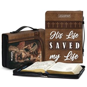 jesuspirit personalized zippered leather bible cover with handle large size – lion & jesus customized bible carrying case – his life saved my life – perfect gift for pastors, apostle, church members