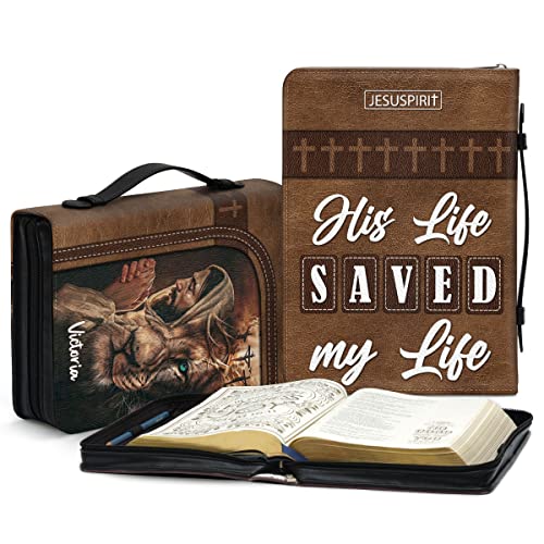 Jesuspirit Personalized Zippered Leather Bible Cover with Handle Large Size - Lion & Jesus Customized Bible Carrying Case - His Life Saved My Life - Perfect Gift for Pastors, Apostle, Church Members