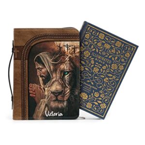 Jesuspirit Personalized Zippered Leather Bible Cover with Handle Large Size - Lion & Jesus Customized Bible Carrying Case - His Life Saved My Life - Perfect Gift for Pastors, Apostle, Church Members