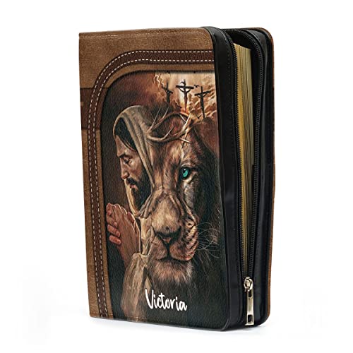 Jesuspirit Personalized Zippered Leather Bible Cover with Handle Large Size - Lion & Jesus Customized Bible Carrying Case - His Life Saved My Life - Perfect Gift for Pastors, Apostle, Church Members