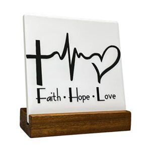 gocolt inspirational quotes desk decor “faith-hope-love” decorative gift office study desk ornament encouraging cheer gift office inspiration positive plaque with wooden stand for cowoker motivational sign for birthday