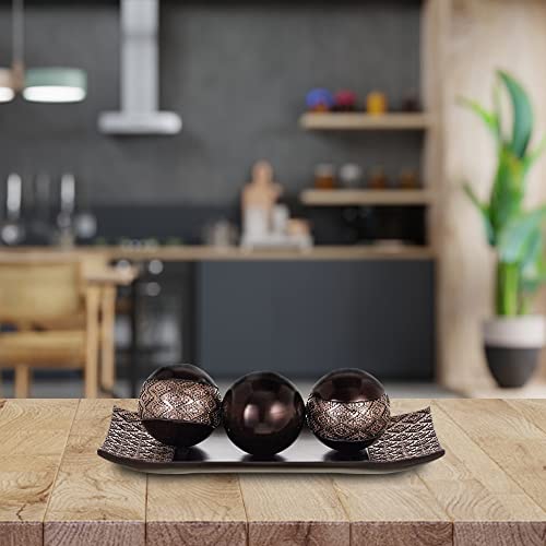 HomeRoots Tray and Orbs Balls Set of 3 | Beautiful Decoration Centerpiece, Home Decor | Decorative Accents Balls for Living Room, Coffee and Dining Table Décor (Brown)