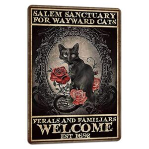 PAIION Salem Sanctuary For Wayward Cats Halloween Black Cat Halloween Decor Cat Lover Metal Signs Vintage Poster Home Bedroom Wall Art Gift 8x12 Inches
