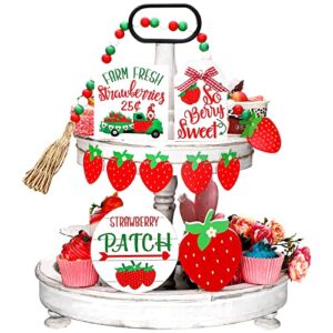 10 pcs summer tiered tray decor farmhouse wood tiered tray decor lemon watermelon strawberry sunflower decor kitchen standing sign bead garland banner for home decor(strawberry theme)