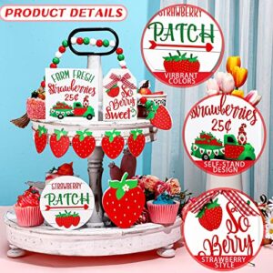 10 Pcs Summer Tiered Tray Decor Farmhouse Wood Tiered Tray Decor Lemon Watermelon Strawberry Sunflower Decor Kitchen Standing Sign Bead Garland Banner for Home Decor(Strawberry Theme)