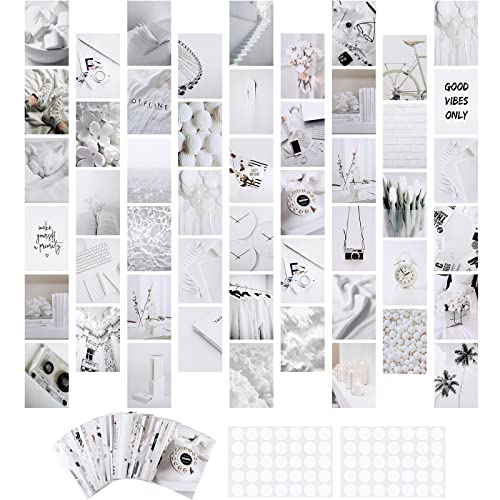 50 Pieces White Neutral Light Grey Aesthetic Wall Collage Kit Trendy Poster for Dorm Aesthetic Room Decor Peaceful White Room Decor Grey White Style Pictures Posters and Prints for Teens Boy Girl