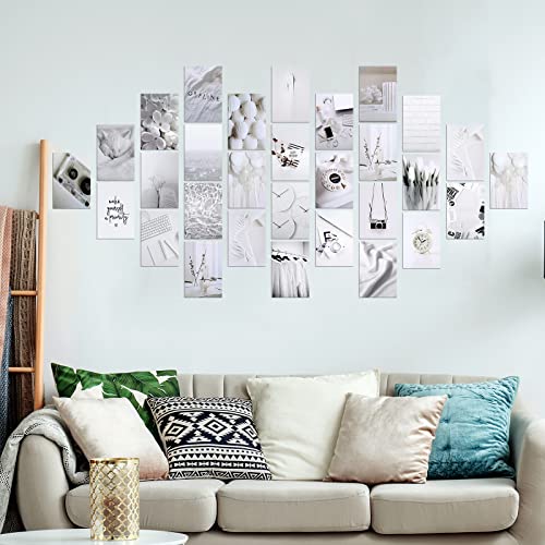 50 Pieces White Neutral Light Grey Aesthetic Wall Collage Kit Trendy Poster for Dorm Aesthetic Room Decor Peaceful White Room Decor Grey White Style Pictures Posters and Prints for Teens Boy Girl