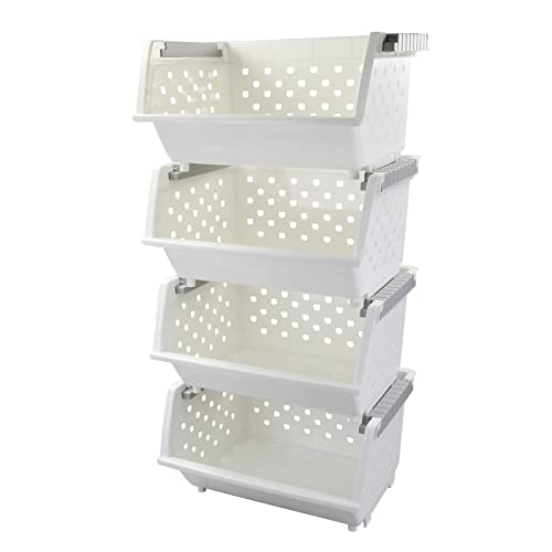 Yesdate 4-Pack Plastic Stackable Storage Basket Organizer, Multi-functional Stacking Basket Bins, White