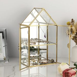 ELLDOO 2 Tier Clear Glass Storage Box, Gold Mirrored Jewelry Makeup Display Organizer Case, Decorative Tower box Storage for Trinket Perfume Lipstick Figure Statue Toy Display, House Shape