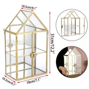 ELLDOO 2 Tier Clear Glass Storage Box, Gold Mirrored Jewelry Makeup Display Organizer Case, Decorative Tower box Storage for Trinket Perfume Lipstick Figure Statue Toy Display, House Shape