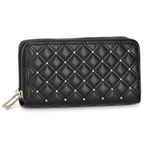 quilted wristlet – double zipper stud wallets for women – large capacity purse organizer clutch (black)
