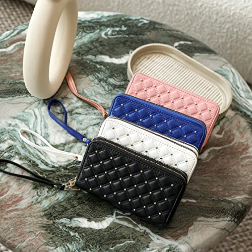 Quilted Wristlet - Double Zipper Stud Wallets for Women - Large Capacity Purse Organizer Clutch (Black)