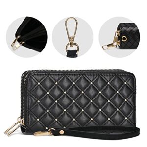 Quilted Wristlet - Double Zipper Stud Wallets for Women - Large Capacity Purse Organizer Clutch (Black)