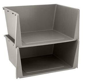 organize your home stackable storage containers with open front, 2 pack, great organizing bins for pantry, closet, bedroom, and all storage, grey, 19.8” x 15.2” x 9.3”