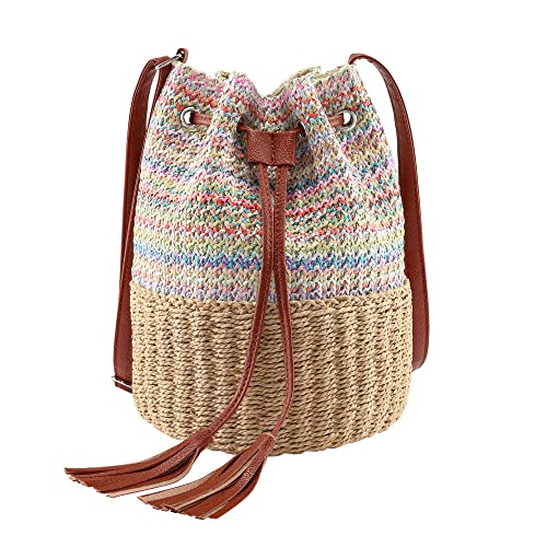 Ayliss Women Straw Crossbody Shoulder Handbag Summer Beach Bucket Handbag Woven Weave Boho Drawstring Tassel Purse Bag (Light Khaki)