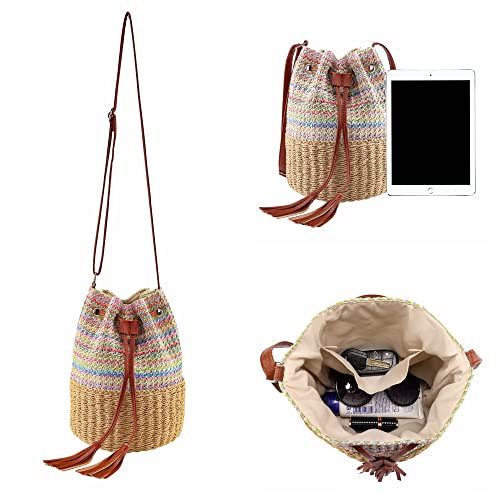 Ayliss Women Straw Crossbody Shoulder Handbag Summer Beach Bucket Handbag Woven Weave Boho Drawstring Tassel Purse Bag (Light Khaki)