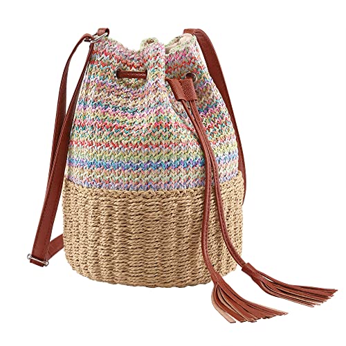 Ayliss Women Straw Crossbody Shoulder Handbag Summer Beach Bucket Handbag Woven Weave Boho Drawstring Tassel Purse Bag (Light Khaki)