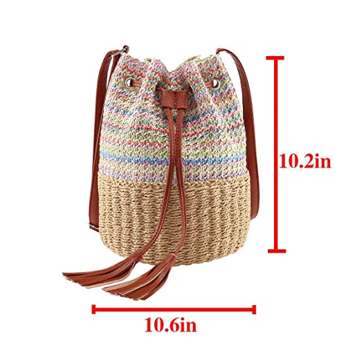 Ayliss Women Straw Crossbody Shoulder Handbag Summer Beach Bucket Handbag Woven Weave Boho Drawstring Tassel Purse Bag (Light Khaki)