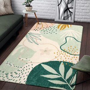 lahome green washable area rug – 3×5 botanical print small rug modern abstract non-slip minimalist art area rug accent distressed throw rugs floor carpet for living room bedroom entryway rug