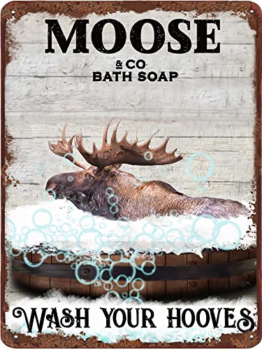 Funny Moose Bathroom Metal Tin Sign Vintage Moose Wall Decor Toilet Posters Wash Your Hooves Vintage Tin Sign For Home Office Apartment Hotel 5.5x8 Inch Sign Gift Birthday Housewarming Gift