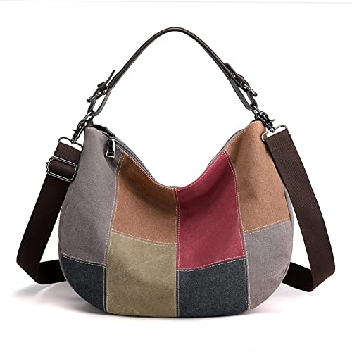 MIDAUP Hobo Handbags Multi-Color Splice Cross Body Shoulder Bag Casual Canvas Tote Crossbody Bags for Women (Multi Color - Grey)