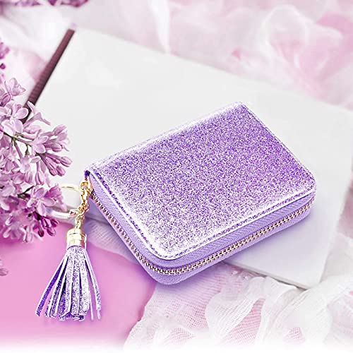 ENYISDAN Purple Small Wristlet Wallets for Women Glitter Cute FRID Leather Credit Card Holder Wallets for Ladies Girls Short Purse