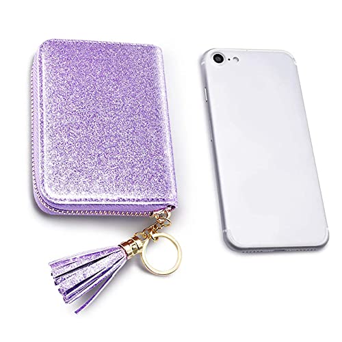 ENYISDAN Purple Small Wristlet Wallets for Women Glitter Cute FRID Leather Credit Card Holder Wallets for Ladies Girls Short Purse