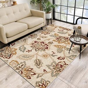 superior indoor area rug perfect for hallways, entryway, office, living room, hardwood, tile, jute backed, modern farmhouse floral decor, jacobean collection, 8′ x 10′, stone