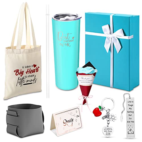 Teacher Gift, Christmas Gift for Teacher Appreciation Gifts Boxes Birthday Gifts 8 PCS Include Teacher Tumbler Canvas Tote Bag Leather Storage Bucket Flower Greeting Card Bookmarks Key Chain (Blue)