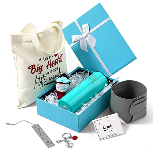 Teacher Gift, Christmas Gift for Teacher Appreciation Gifts Boxes Birthday Gifts 8 PCS Include Teacher Tumbler Canvas Tote Bag Leather Storage Bucket Flower Greeting Card Bookmarks Key Chain (Blue)