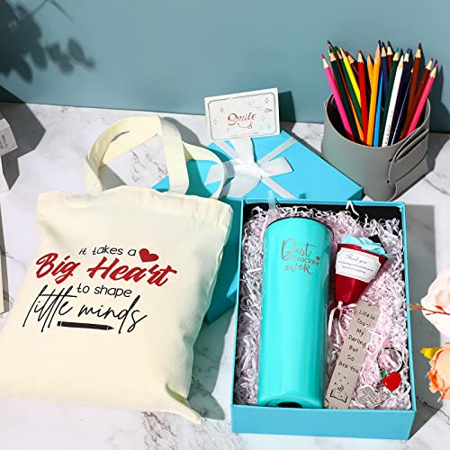 Teacher Gift, Christmas Gift for Teacher Appreciation Gifts Boxes Birthday Gifts 8 PCS Include Teacher Tumbler Canvas Tote Bag Leather Storage Bucket Flower Greeting Card Bookmarks Key Chain (Blue)