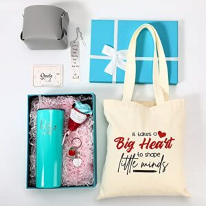 Teacher Gift, Christmas Gift for Teacher Appreciation Gifts Boxes Birthday Gifts 8 PCS Include Teacher Tumbler Canvas Tote Bag Leather Storage Bucket Flower Greeting Card Bookmarks Key Chain (Blue)