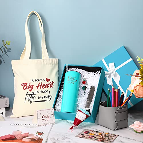 Teacher Gift, Christmas Gift for Teacher Appreciation Gifts Boxes Birthday Gifts 8 PCS Include Teacher Tumbler Canvas Tote Bag Leather Storage Bucket Flower Greeting Card Bookmarks Key Chain (Blue)